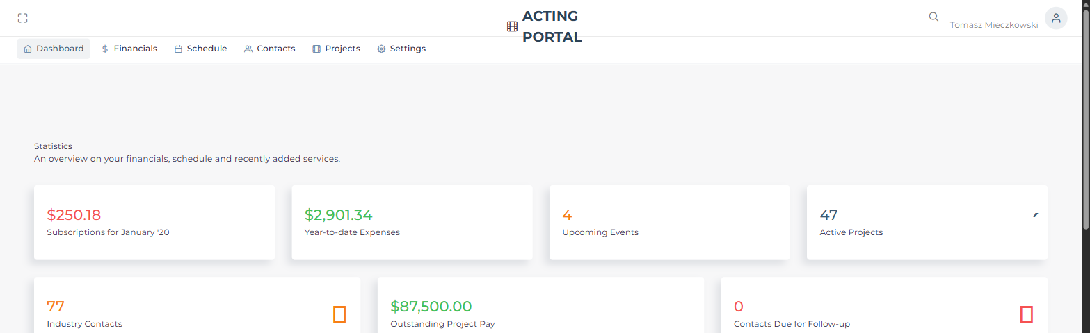 ActingPortal dashboard showing active projects, contacts, and outstanding pay